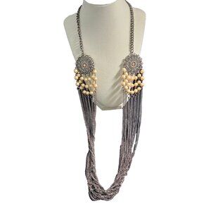 Statement Multi-Strand Necklace Silver Tone Faux Pearl Fringe Boho Style